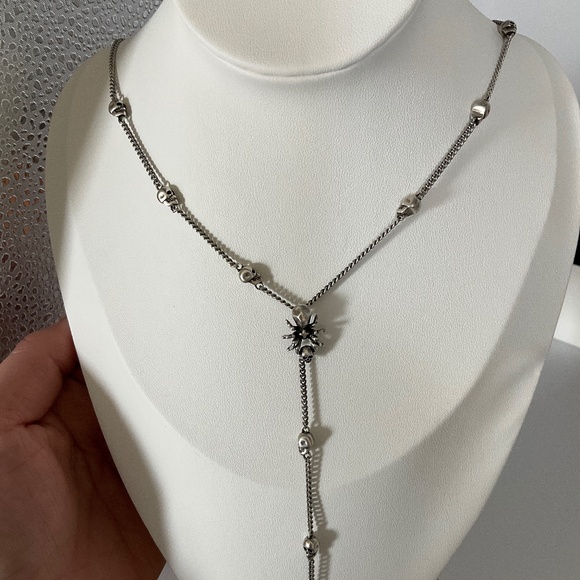 Jewelry - long silver necklace with skulls and spiders in Gothic style
